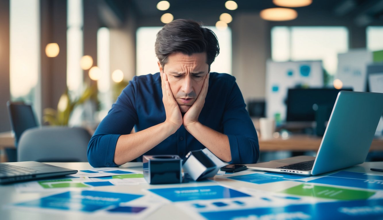 A frustrated customer staring at a broken product, surrounded by cluttered marketing materials