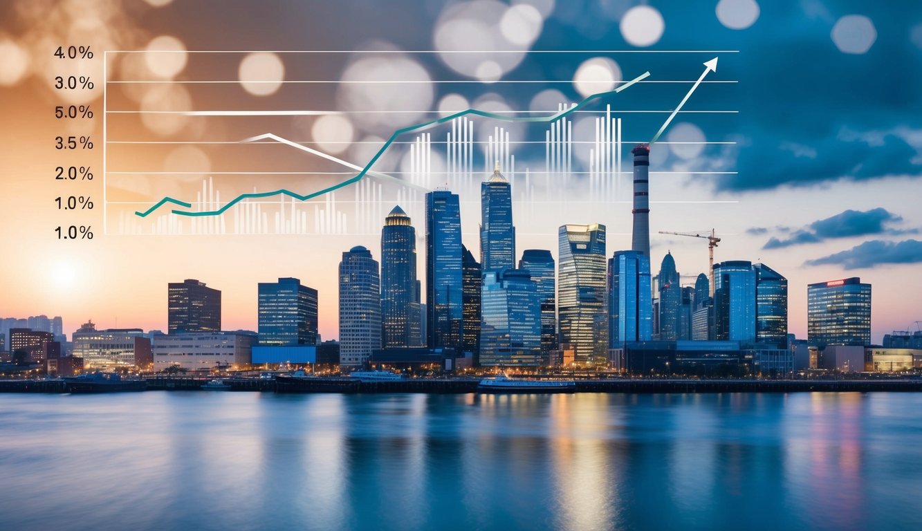 A bustling city skyline with various industry buildings and a graph showing market trends